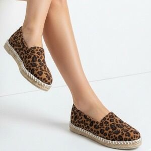 Women's Leopard Print Espadrille Platform Slip-On Flats Jute Sole Casual  7 NEW